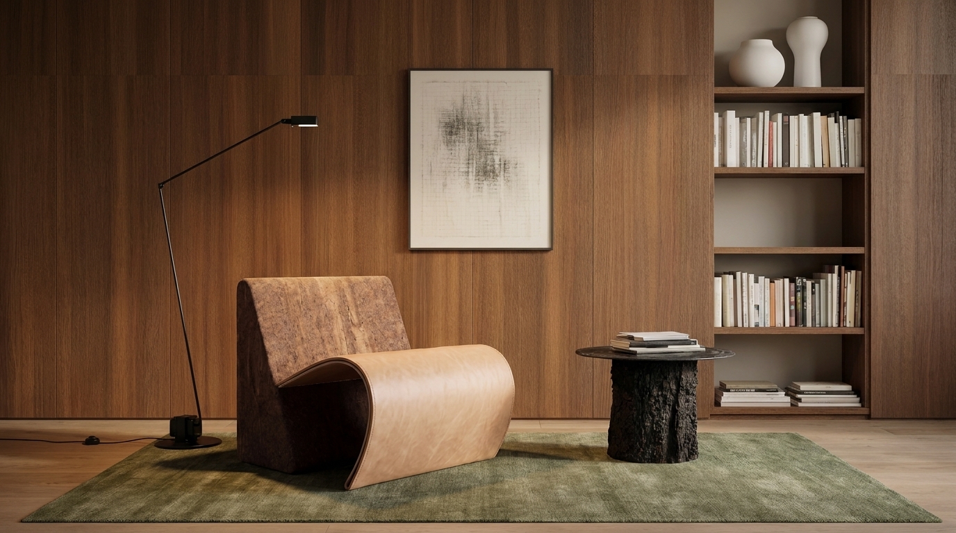 Hou Chair in a walnut-paneled study with bookshelves and an olive-green rug